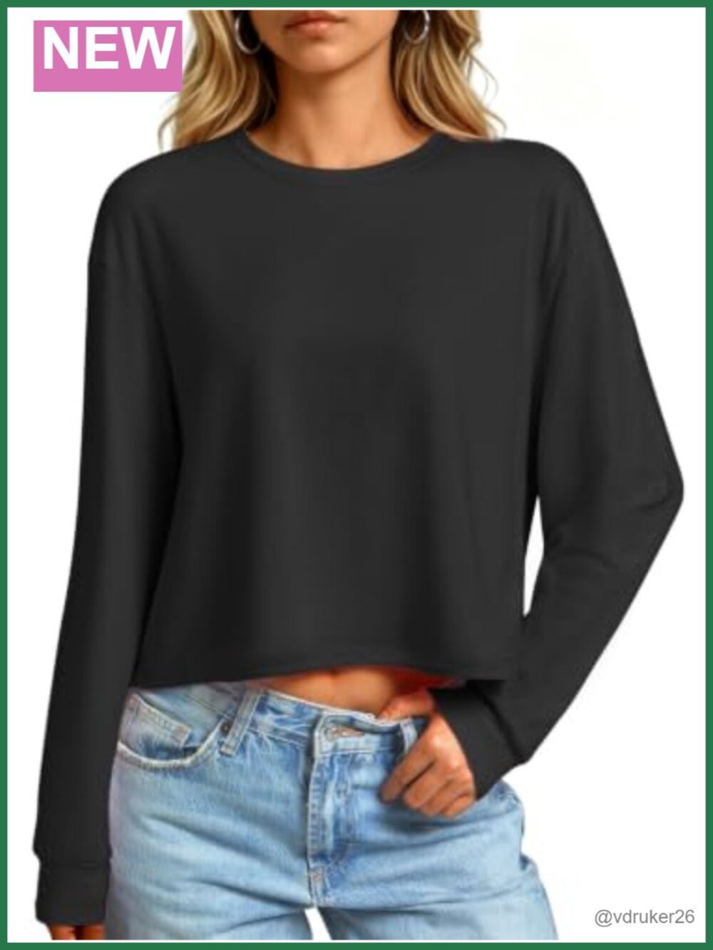 Womens Long Sleeve Crop Top Loose Fit Cotton Spandex Crew Neck Casual Tee